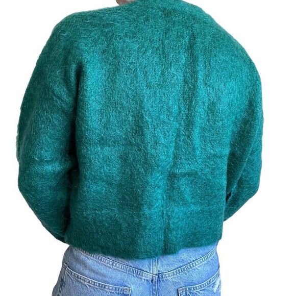 Vintage 80s Womens Esprit Emerald Green Mohair Fluffy Cropped Fuzzy Cardigan S - Picture 7 of 9